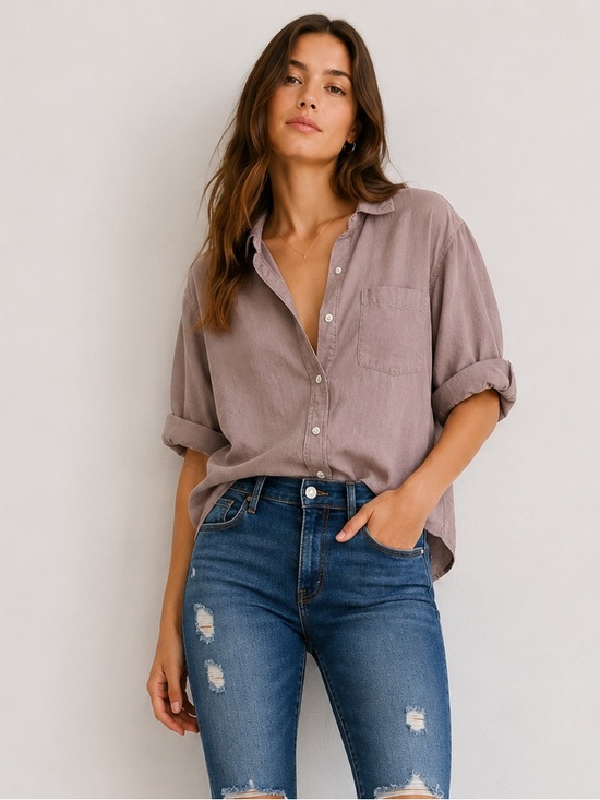 Denim Forum Tops - Denim Forum Mauve Puff Sleeve Button-Up Shirt Size M